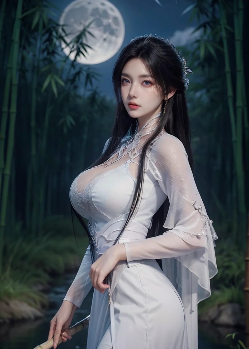 mỹ nữ cổ phong anime đứng bên thác nước đầy huyền ảo