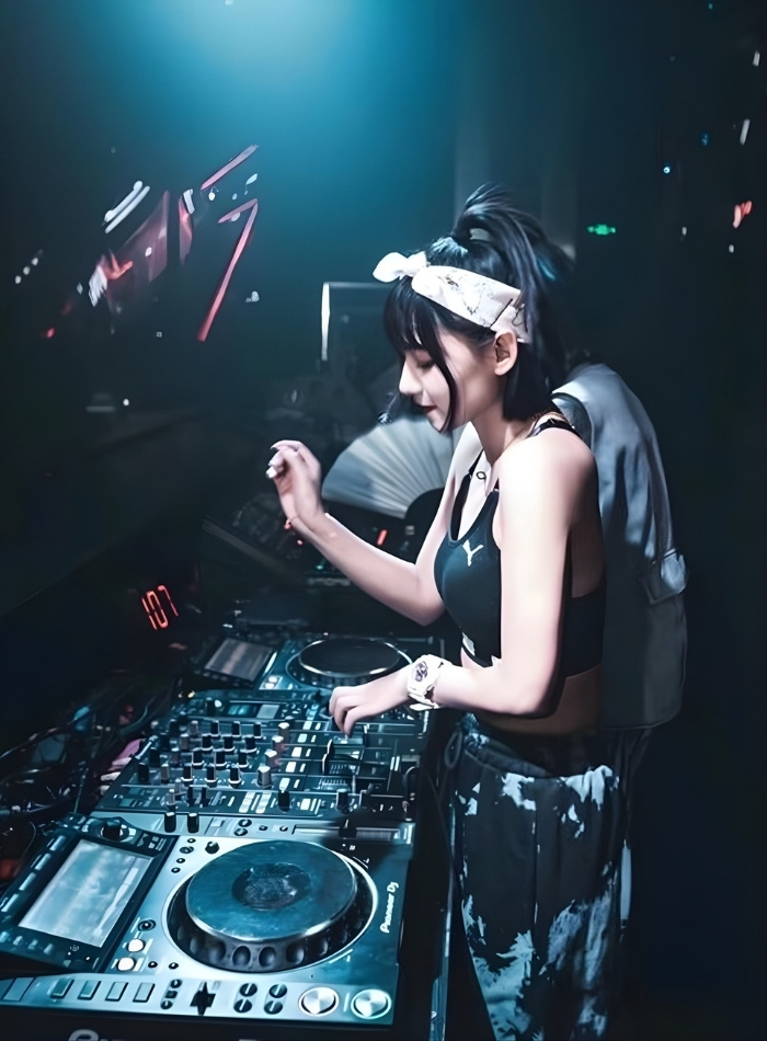 DJ nữ tạo dáng bên bàn DJ controller