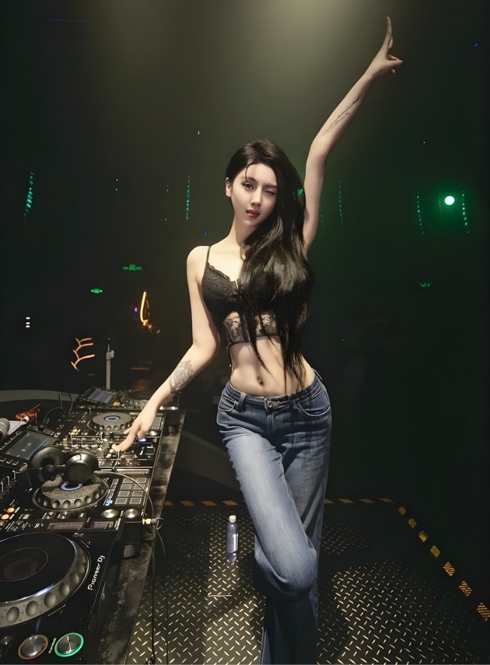 ảnh nữ DJ cười tươi khi chơi nhạc