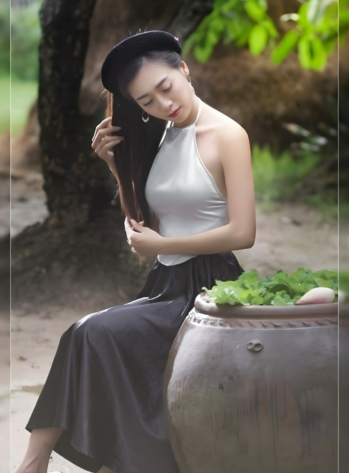 thiếu nữ diện áo yếm giữa không gian làng quê