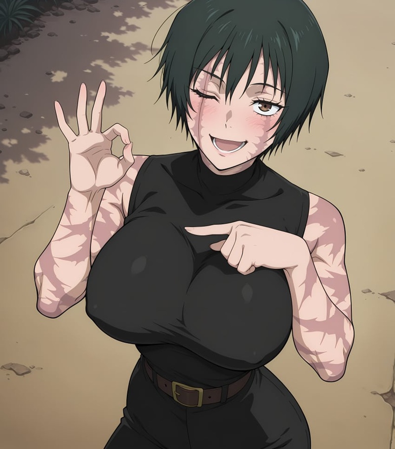 Maki Zenin hentai ngồi dạng chân trên thảm tập gợi cảm