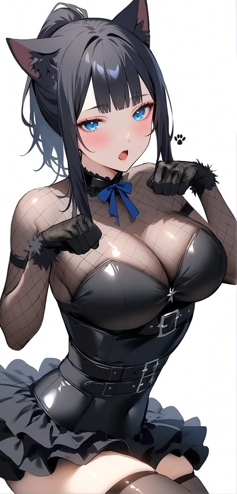 Cô gái anime mặc bodysuit đen bóng bó sát, tư thế quyến rũ