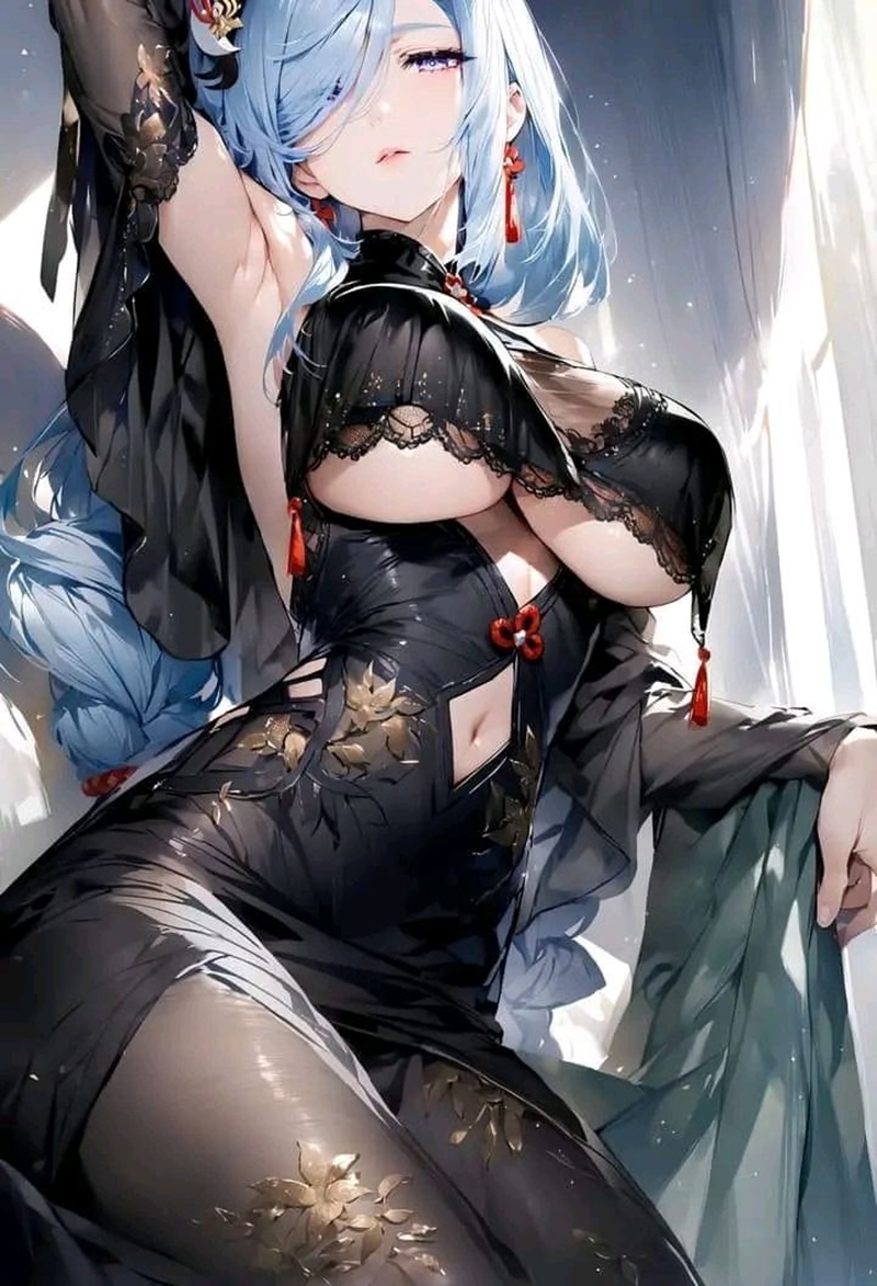 Cô gái anime trong bodysuit latex đen bóng, ánh sáng kịch tính