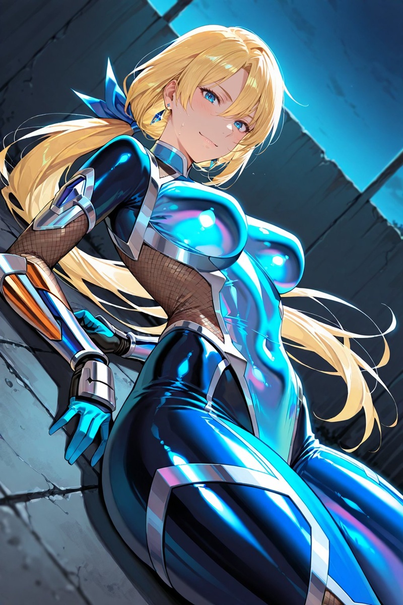 Cô gái anime bodysuit tím bó sát, tư thế tự tin
