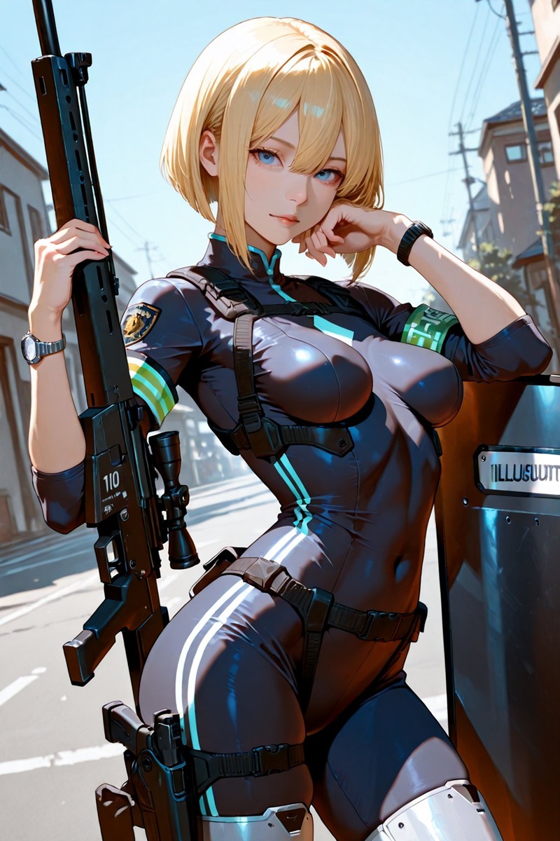 Cô gái anime mặc bodysuit đen có khóa kéo, không khí bí ẩn