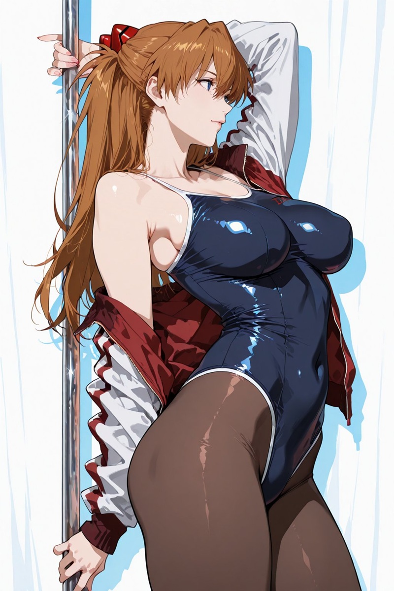 Close-up cô gái anime bodysuit latex bóng, gương mặt quyến rũ