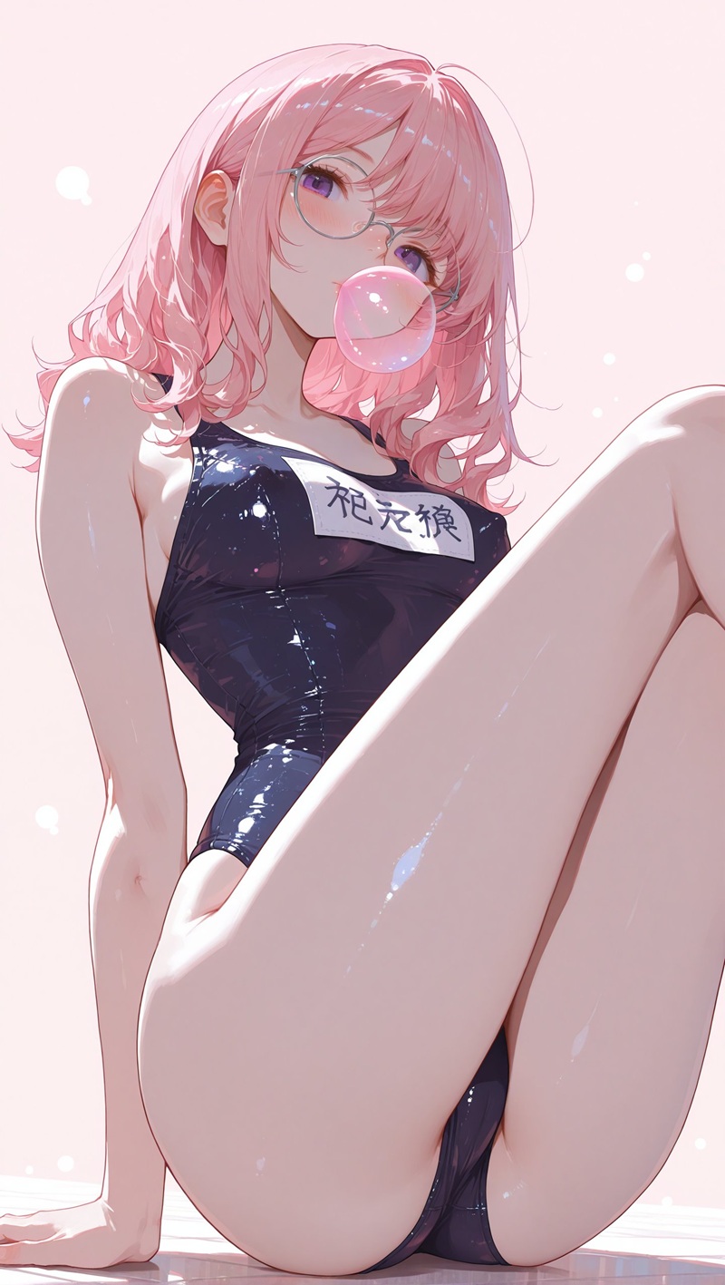 Cô gái anime mặc bodysuit xanh dương, cảnh bãi biển