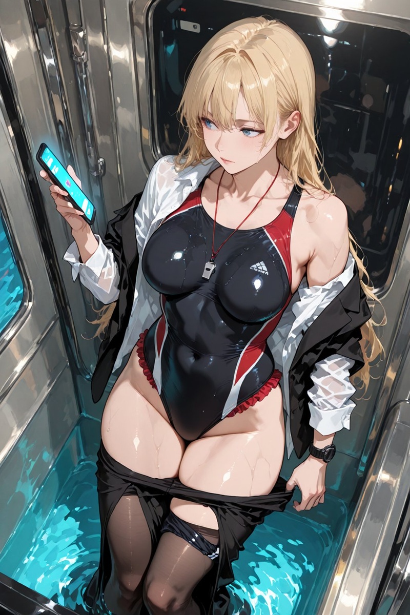 Anime girl mặc bodysuit trắng bóng, chụp studio thanh lịch