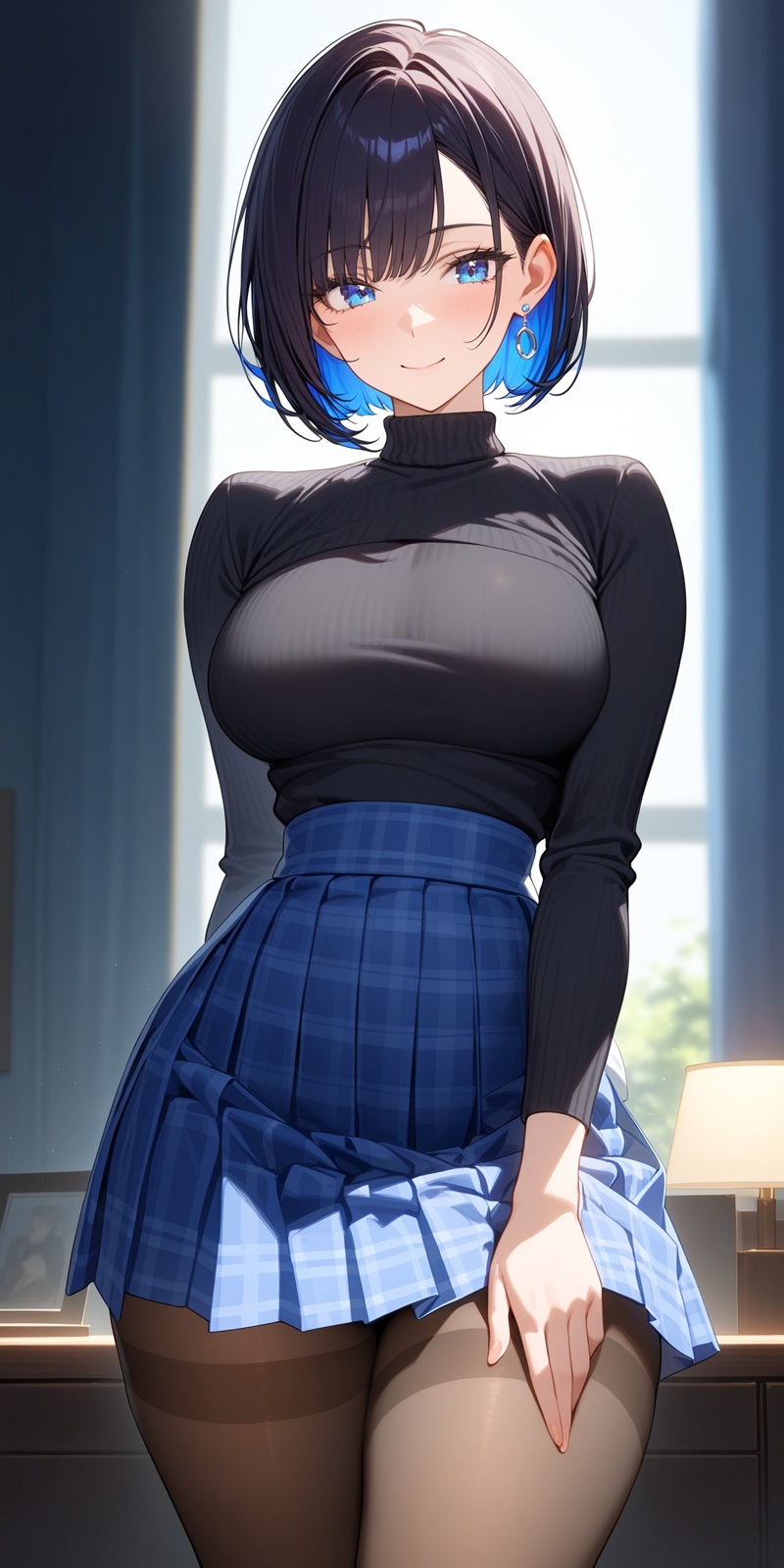 Cô gái anime tóc dài mặc bodysuit đen form-fitting