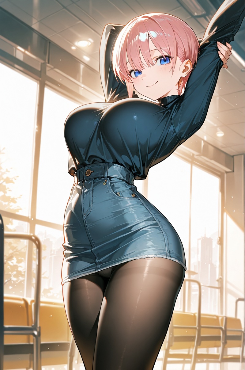 Cô gái anime mặc bodysuit trắng bó sát, dáng đứng thanh lịch