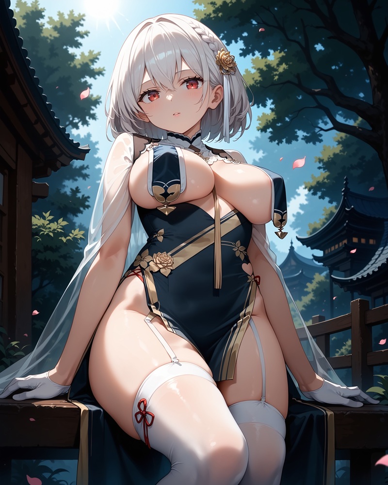 Cô gái anime bodysuit bạc bóng loáng, ánh sáng studio đẹp
