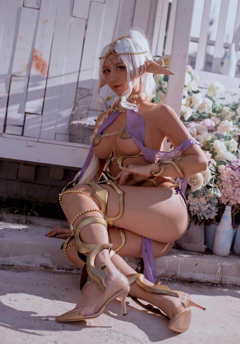 Cosplay elf sexy váy vàng hoàng gia, trang sức tinh xảo