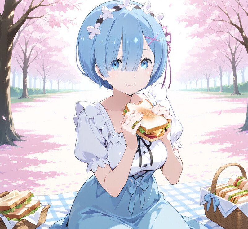 Rem-chan cúi nhặt sỏi, tóc bay trong gió.