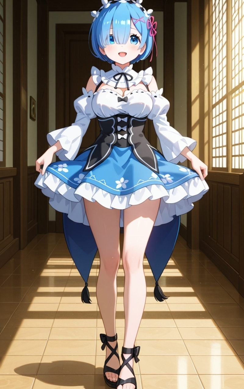 Rem-chan chạy lon ton, tóc bay, cười vui vẻ.