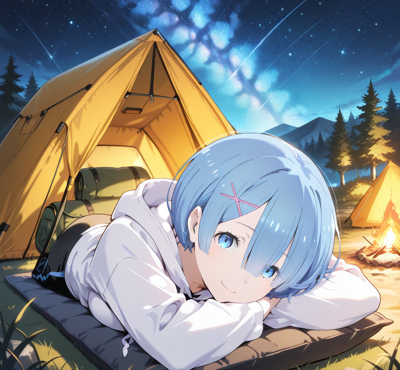Rem-chan đang cúi đầu, má ửng hồng, xinh đẹp như bông hoa.