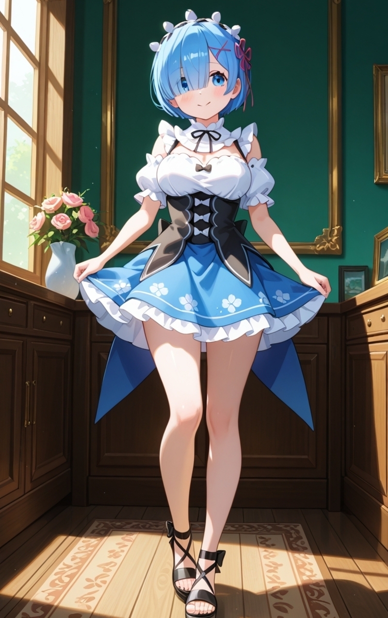 Rem-chan cầm que kem, miệng ngậm nhẹ, vui vẻ.