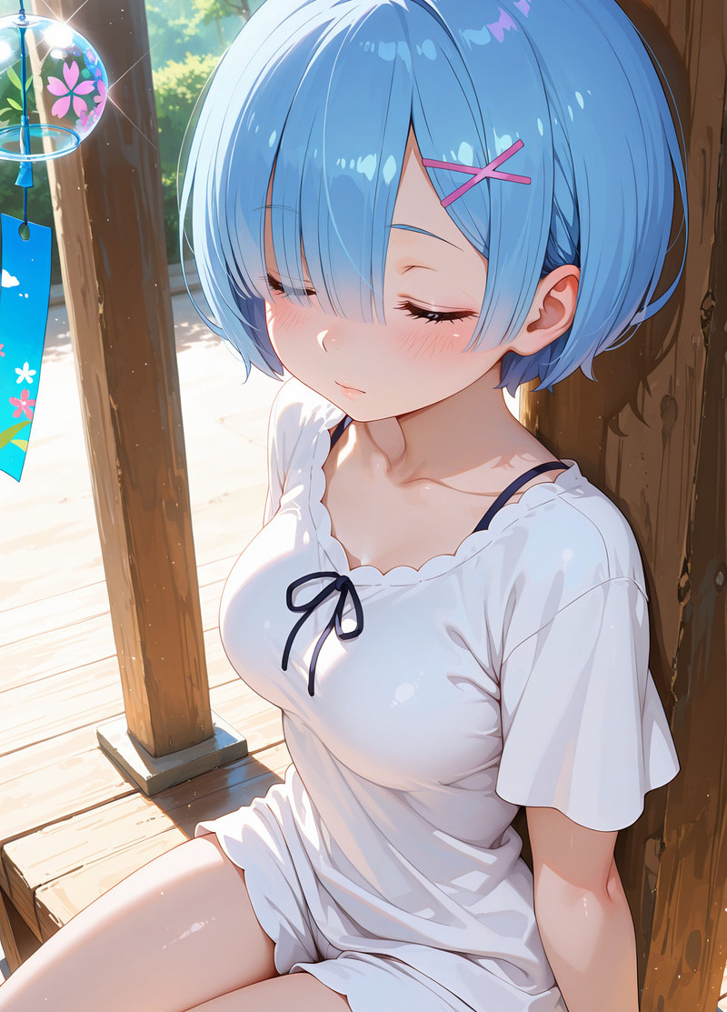 Rem-chan quỳ một chân, tay chống cằm, ánh mắt dịu dàng.