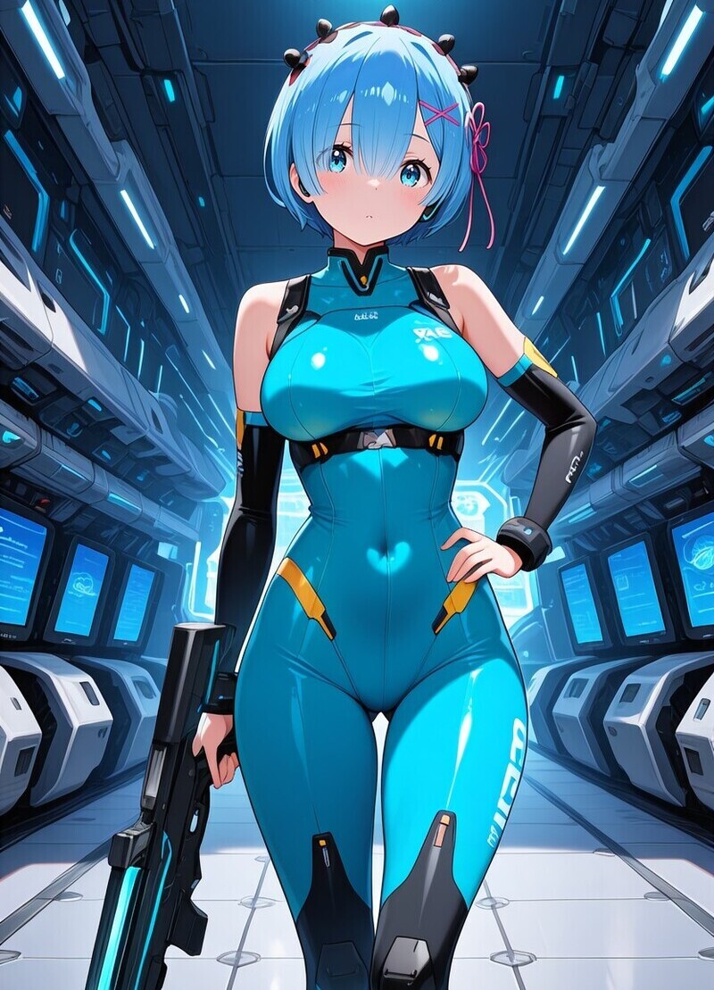 Rem-chan vẽ tranh, tóc rơi nhẹ, nụ cười rạng rỡ.