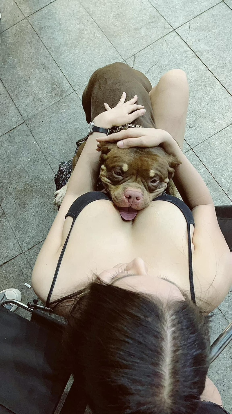 Hot girl mặc áo lót ren trắng ngồi ôm chó lớn trên ghế sofa