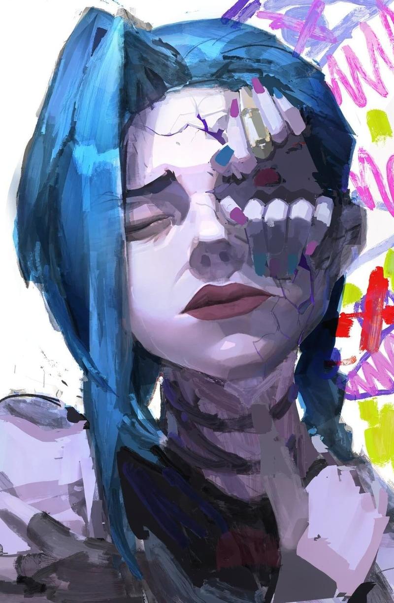 Nữ tội phạm Jinx pose đứng trên nóc nhà Piltover