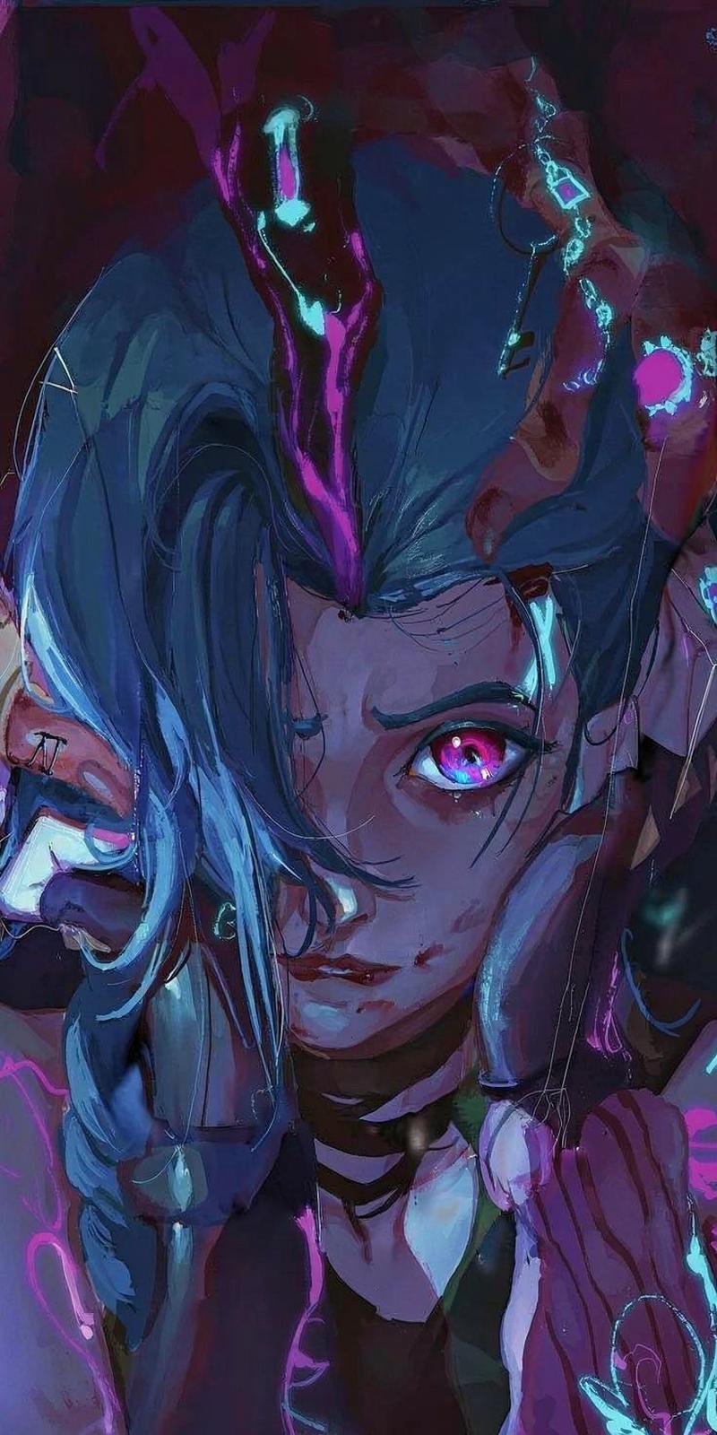 Jinx Arcane nền neon hồng tím huyền bí