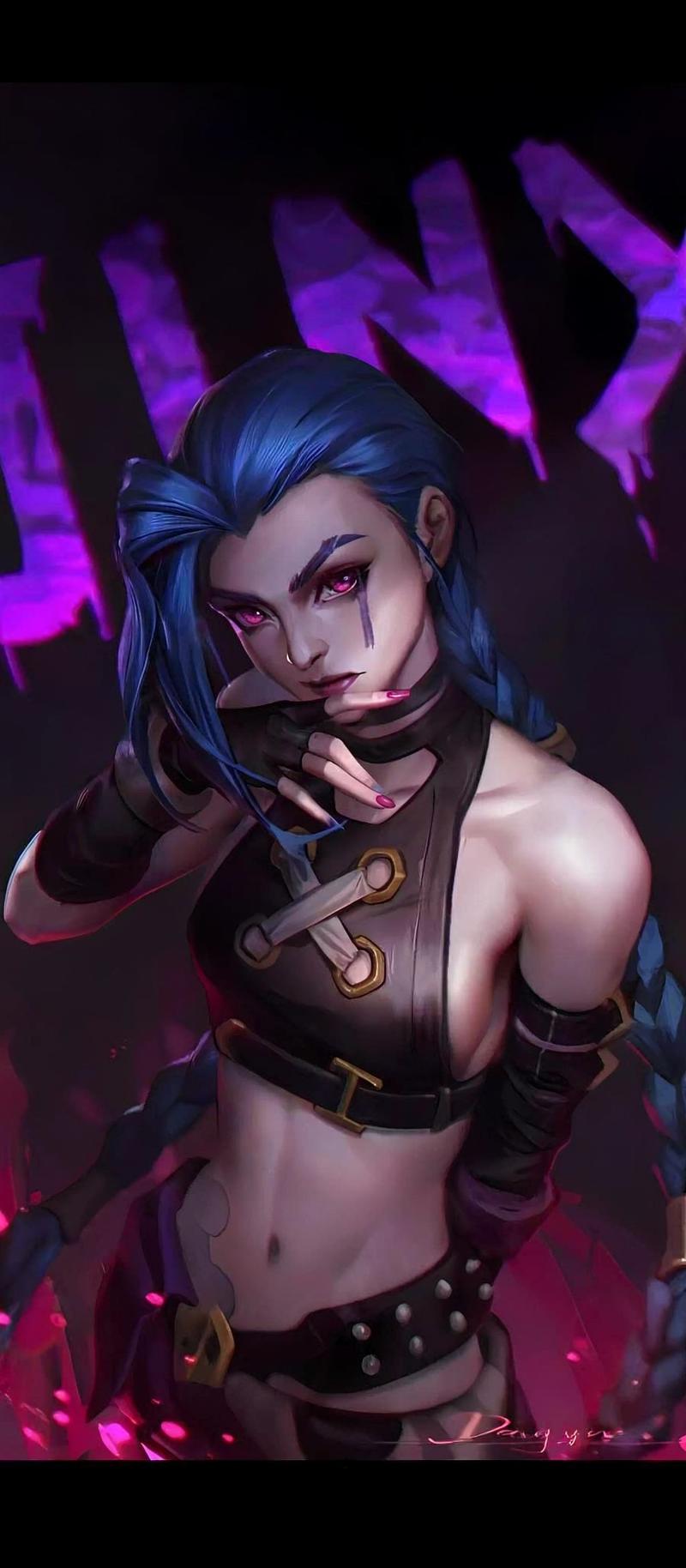 Nhân vật Jinx ánh mắt điên cuồng dưới ánh đèn neon