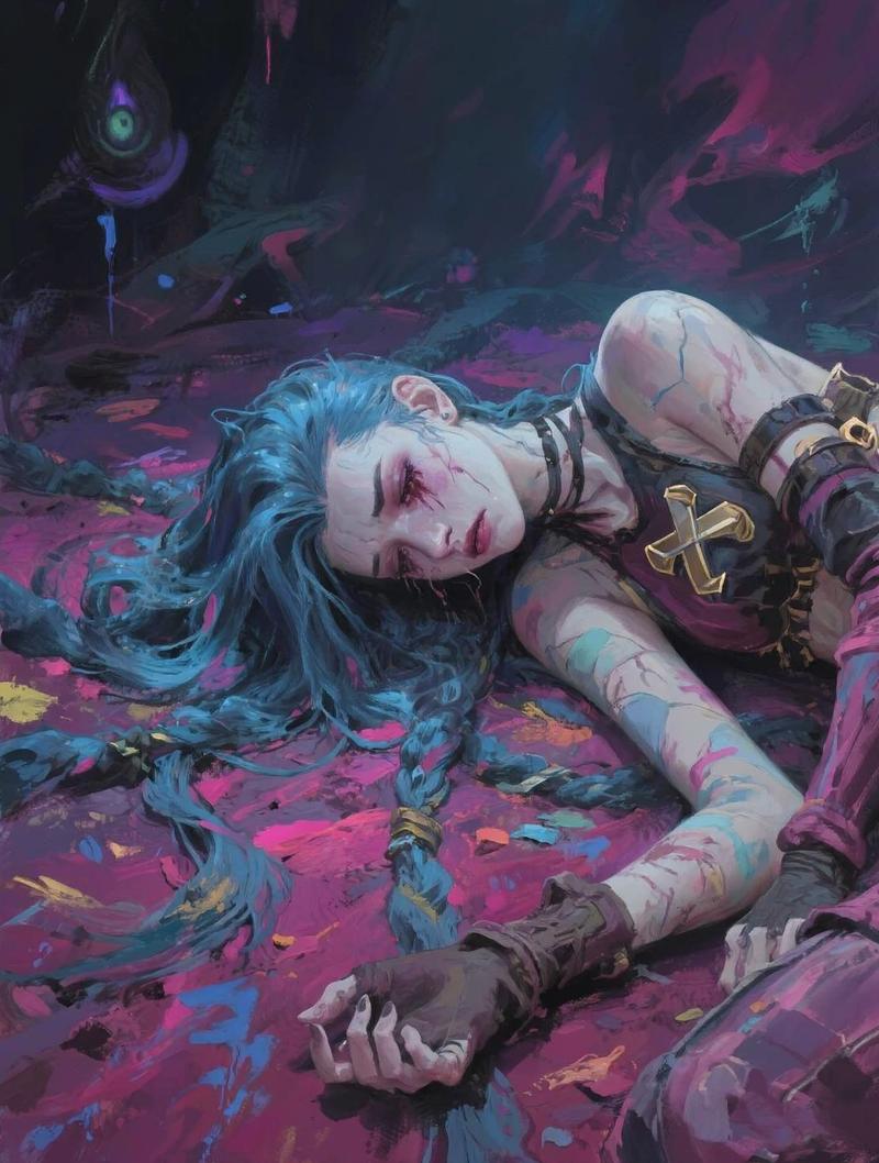 Jinx League of Legends nền đêm Piltover sáng đèn