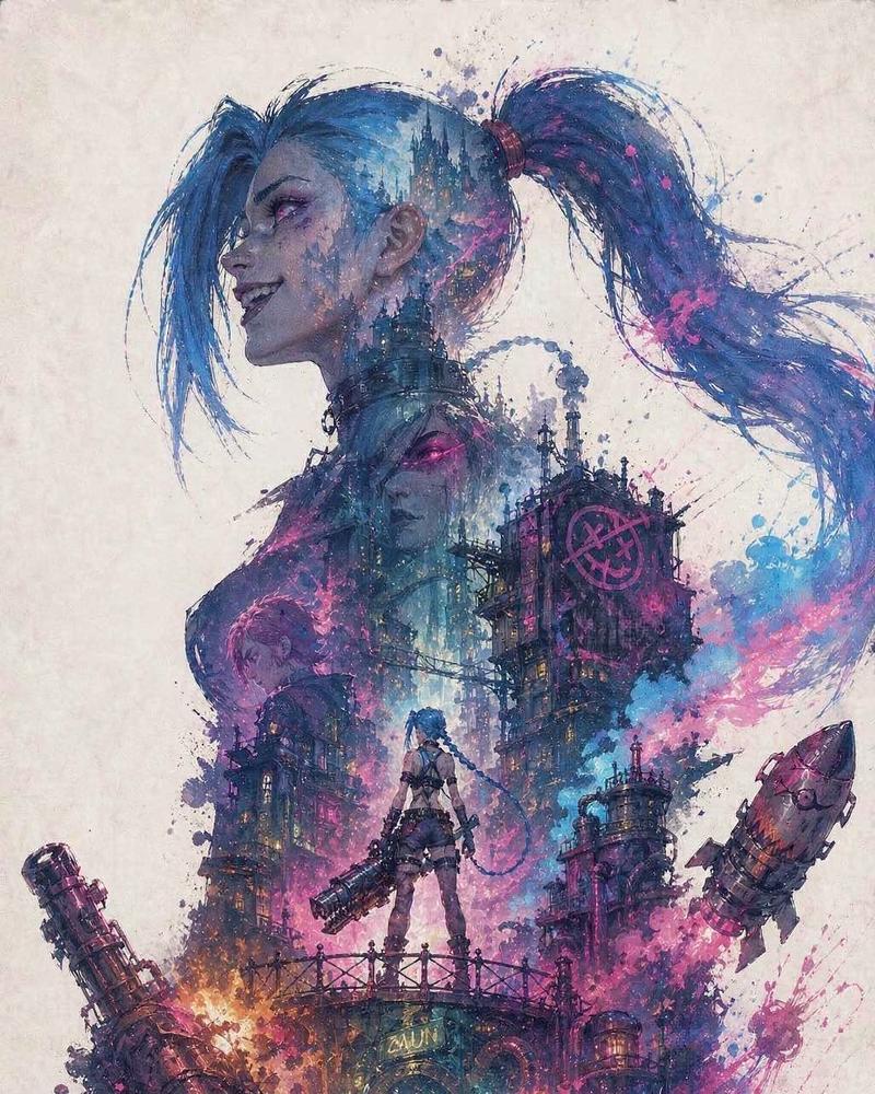Jinx League of Legends tóc hai màu hồng xanh bay trong gió