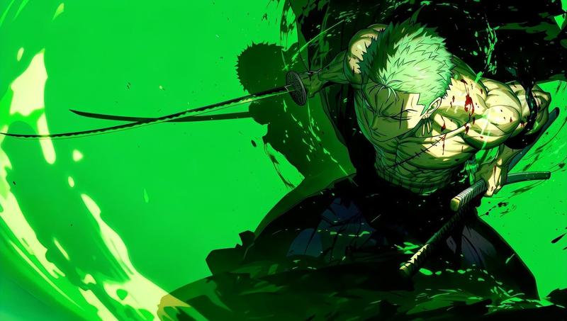 Zoro cầm ba thanh kiếm đứng oai phong trên đảo